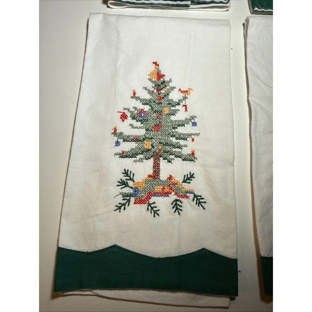 Vintage Christmas Tree Tea Towels Lillian Vernon Hand Cross Stitched Set of 4